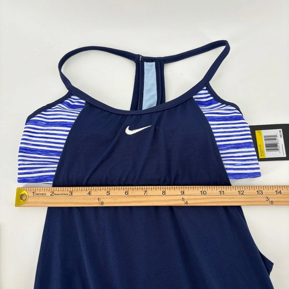 NWT Nike Womens Swim Tankini Top S Navy Blue Striped 2-in-1 Racerback‎ Vacation